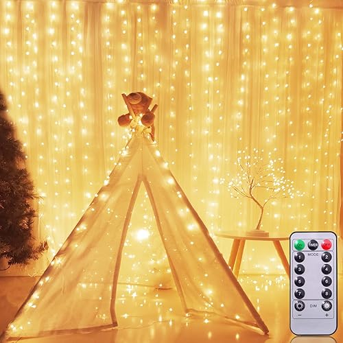 AMENON 300 luces LED para ventana, 10 x 10 pies, con temporizador remoto, 8 modos, tira de luces USB para dormitorio, boda, pared, fiesta, hogar,