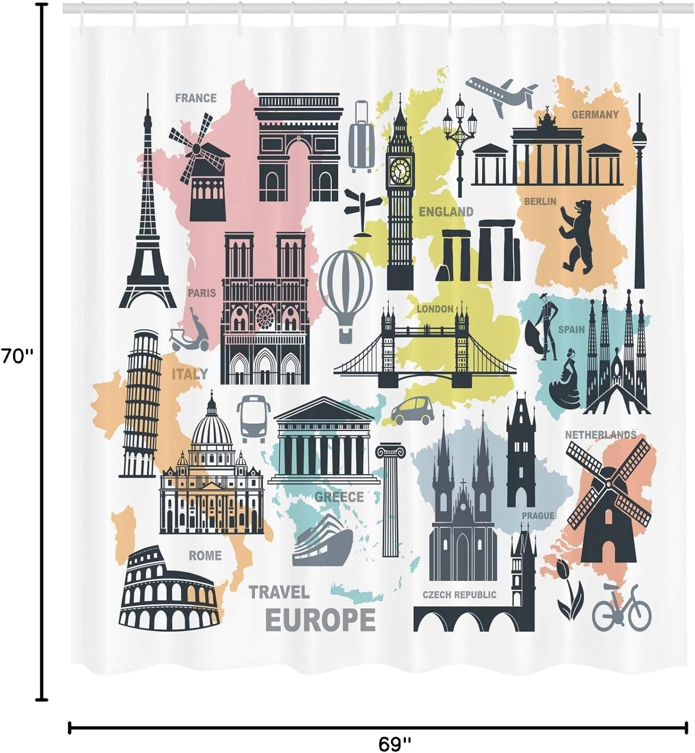 Ambesonne Travel Shower Curtain, Travel Europe Themed Landmark Silhouettes and Colorful Maps Print, Cloth Fabric Bathroom Decor Set with Hooks, 69" W x 70" L, Purpleblue Multicolor