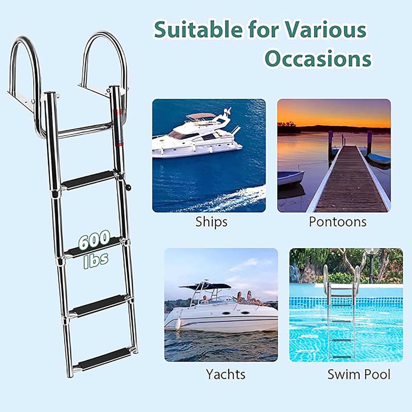 Generico Scala Marina a 3/4 gradini, Scala telescopica in Acciaio Inox per Barche, scaletta Antiscivolo per subacquei con Fibbie per Yacht, Nave, Barca, Piscina, Argento, 3 gradini (Argento