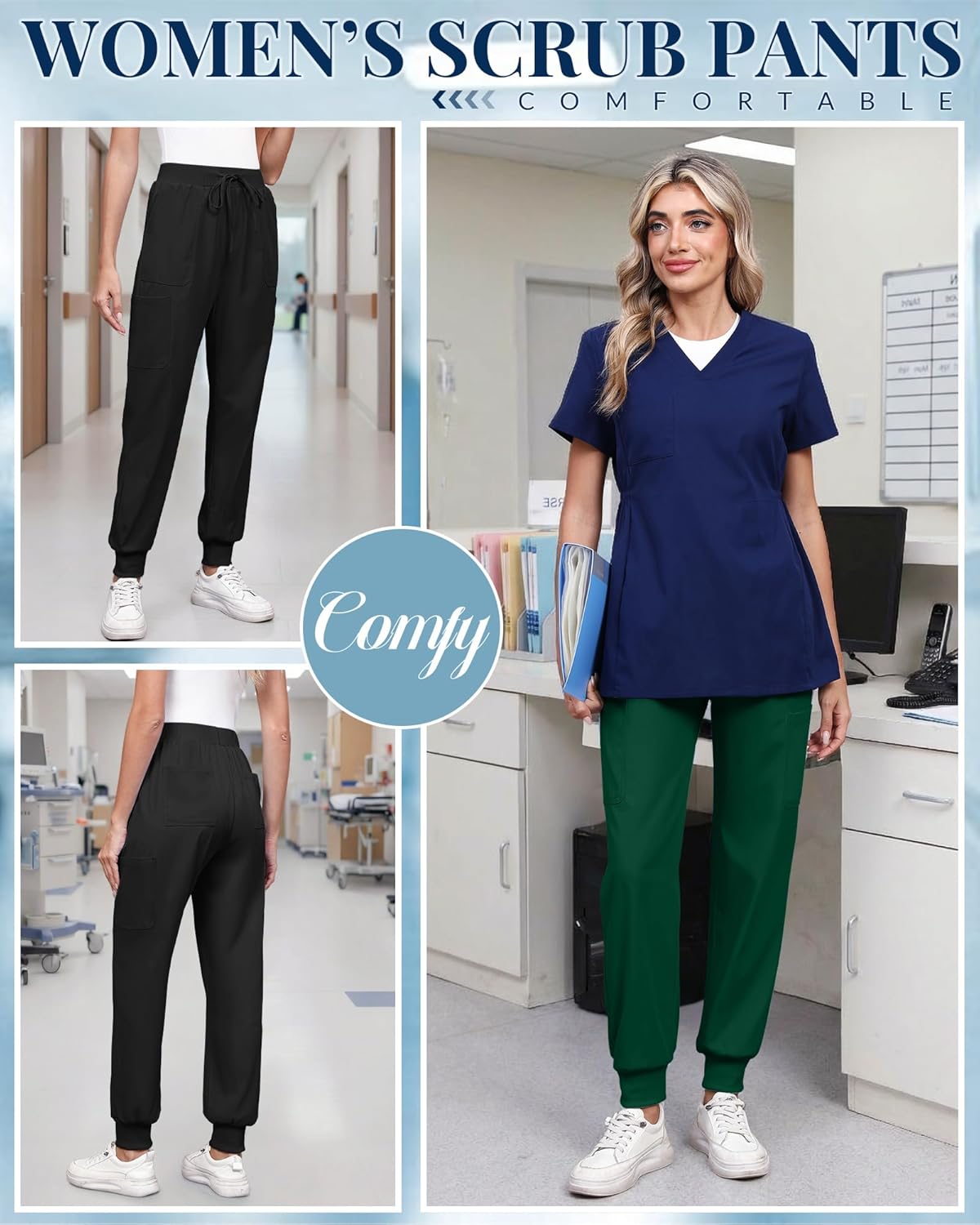 2 Pack Women's Scrub Pants Elastic Waist Cargo Joggers with 6 Pockets and Drawstring Casual Nurse Pants - Image 5