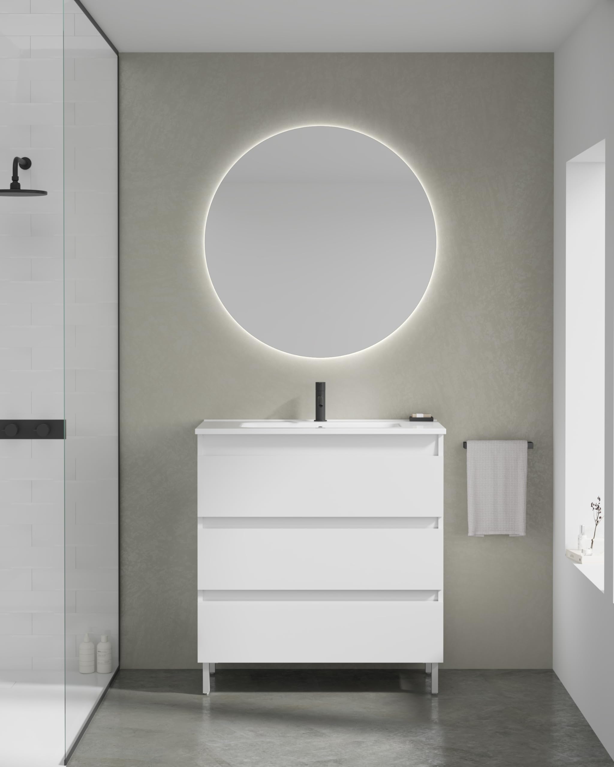 EstiloBaño - Boreal | Conjunto Mueble de Baño con 3 Cajones + Lavabo | Disponible 60-80 + Blanco - Nogal 【Ancho 80】 【Blanco】