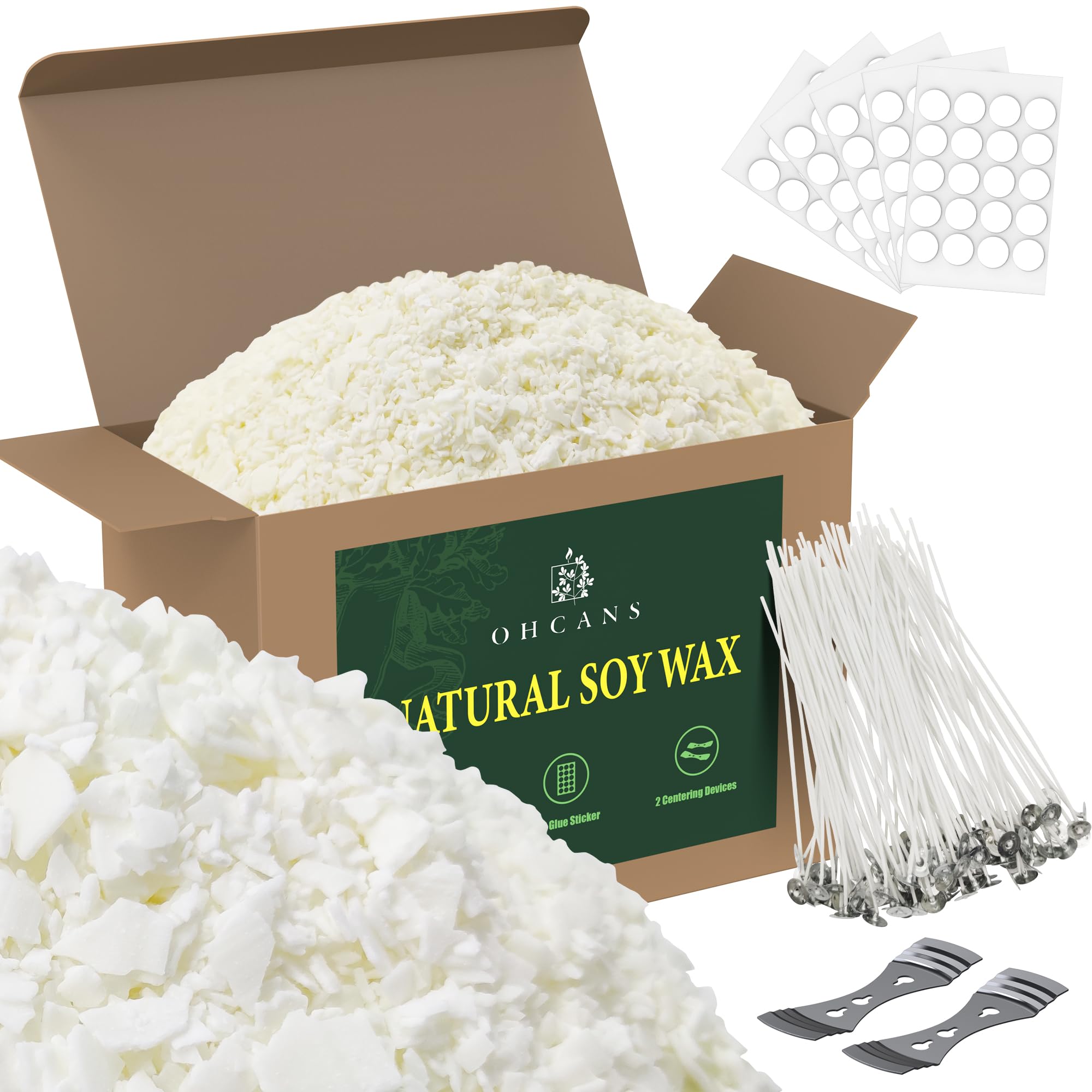 Ohcans Candle Wax 10lbs Natural Soy Wax for Candle Making 100 Cotton Candle Wicks 100 Wick Stickers & 2 Wicks Holder, Candle Making Wax Candle Making Supplies