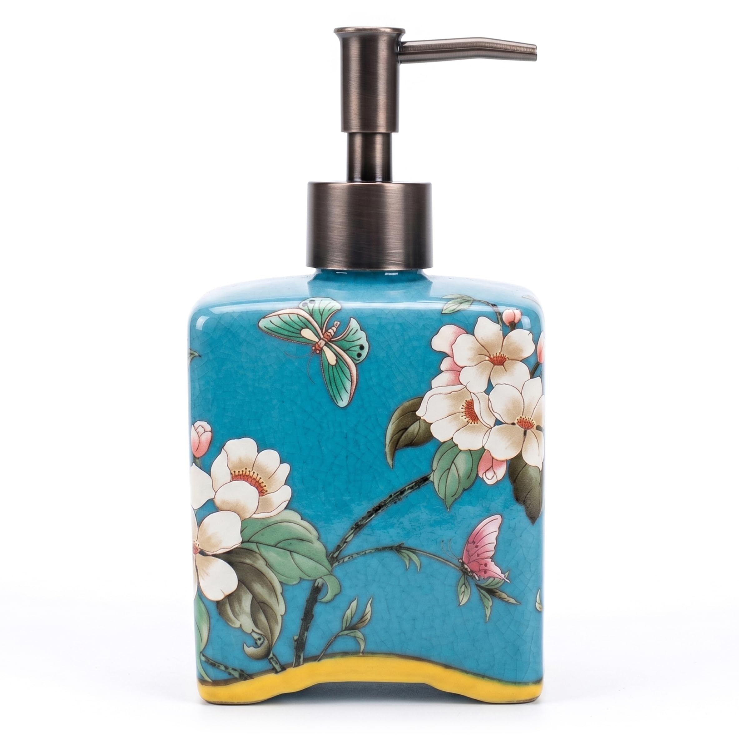Decorative Ceramic Soap Dispenser, Square Refillable Pump Bottle for Hand Lotion Shampoo, Blue
