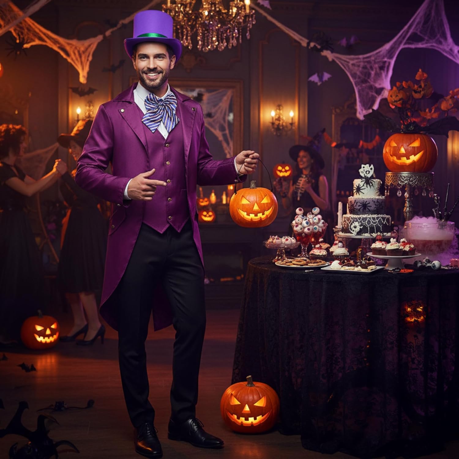 Geyoga 3 Pcs Halloween Men's Hatter Costume Include Steampunk Tailcoat Jacket Top Hat Bow Tie for Halloween Adults