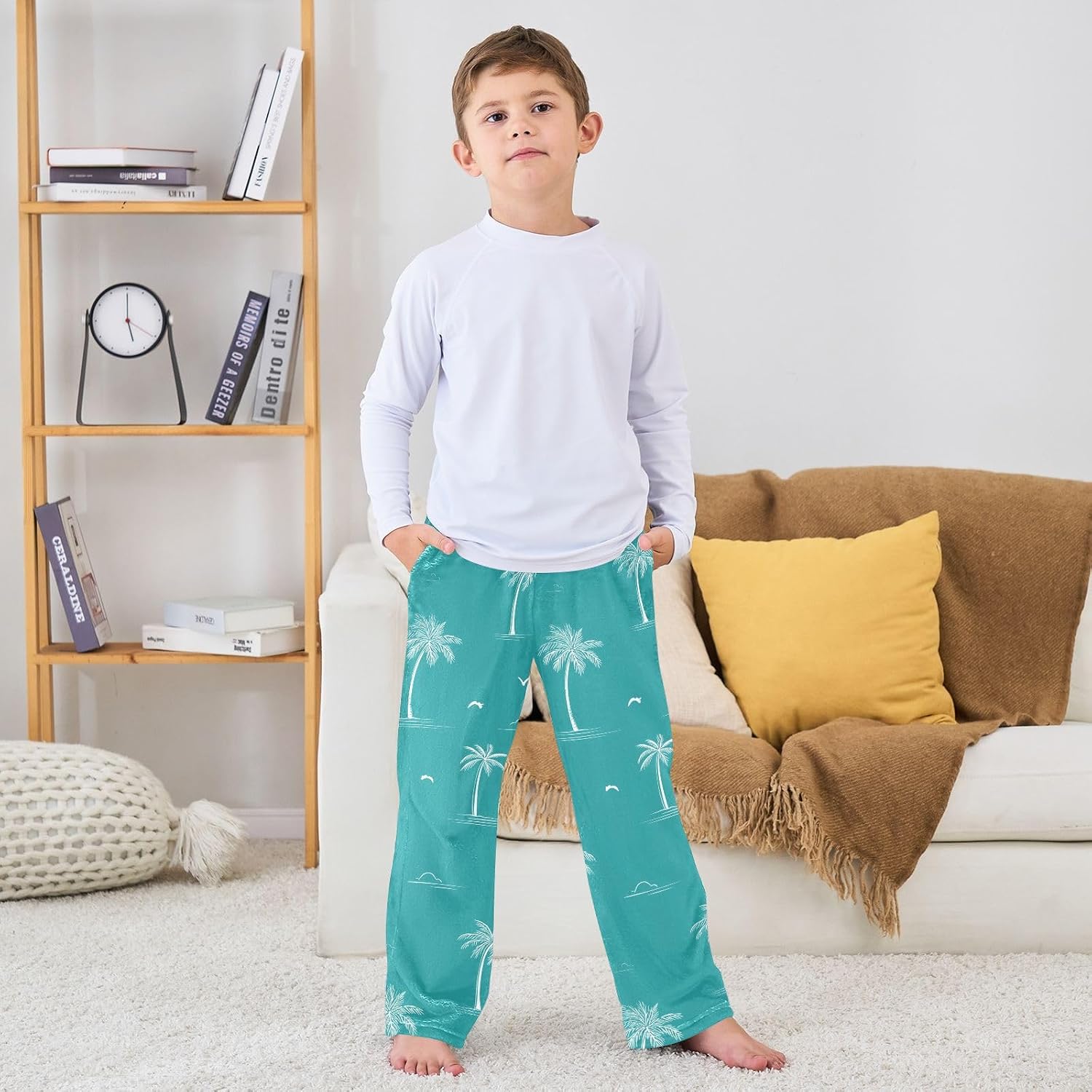 visesunny White Palm Trees Seagulls Boys Pants for Kids Fleece Bottoms Long Jogger Pants Trousers with Pockets Size 6-14Y