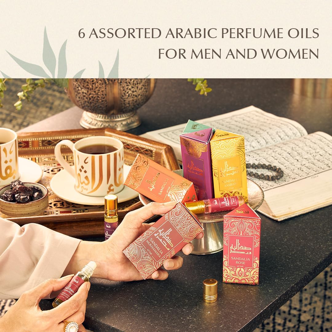 Dukhni Sandal Attar Oil Set Arabian sandalwood perfume oils | 6 assorted scents x 6ml | Authentic,Alcohol free, Vegan, Sandalia Collection Set for Gifting with Rose & Jasmine
