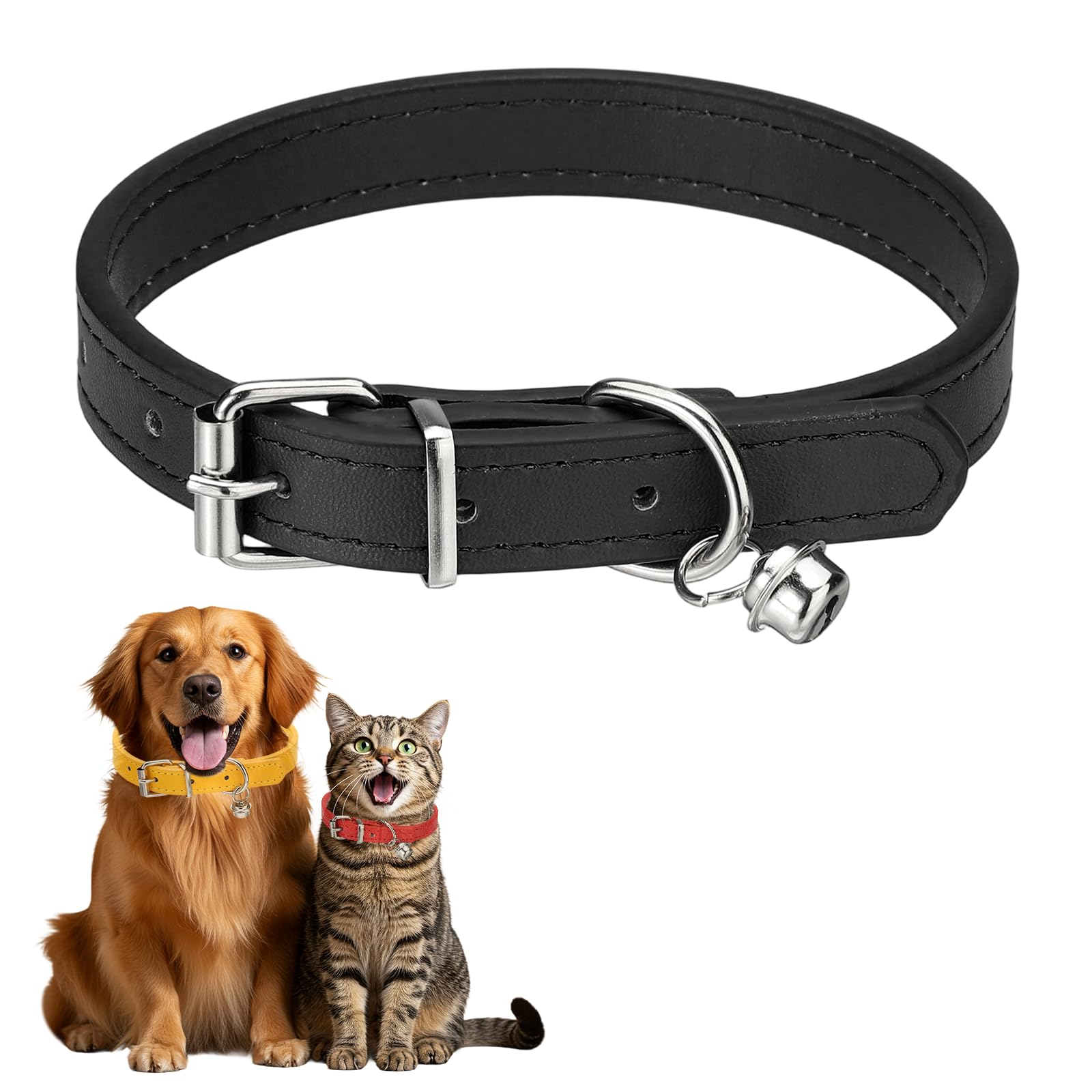 sourcing map Dog Collar with Bell, Pu Leather Cat Collars Pet Basic Soft Padded Adjustable Buckle, 14.5" (Black, 1 Pcs), Intended for Teacup/Little Dog/Kitten Cats/Small Animals