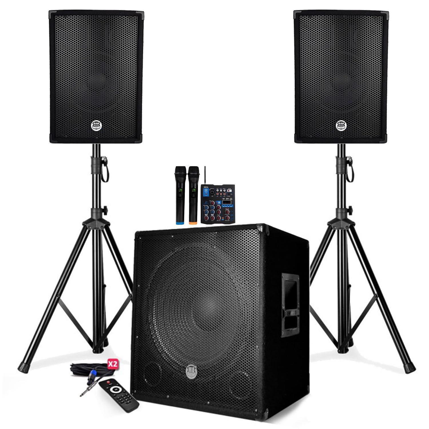 Pack sonorisation 2200W - Enceintes + Caisson + Pieds - USB/Bluetooth - BM Bmsonic BMS1512 + Table de mixage 2 micros SS Fils