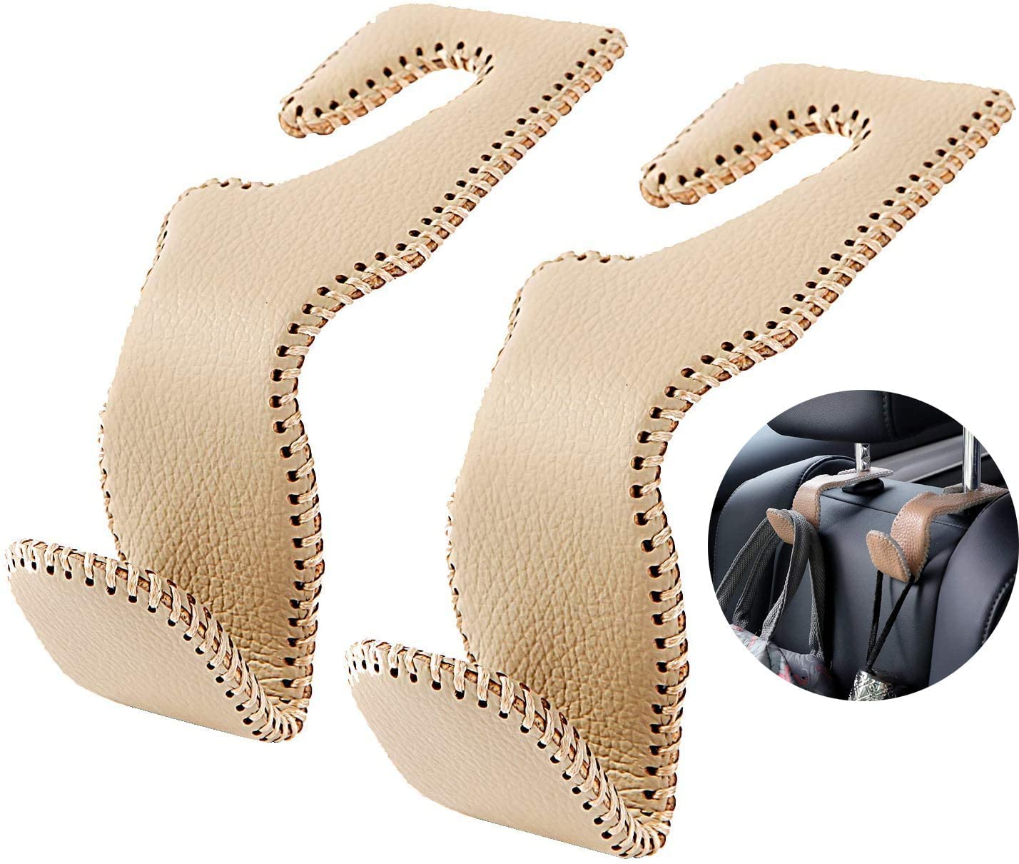 2pcs Premium Leather Car Seat Back Headrest Hook, Car Hook Hanger Interior Storage Rack Accessories for Wallet Coat Umbrella Grocery Bag Handbag (beige)