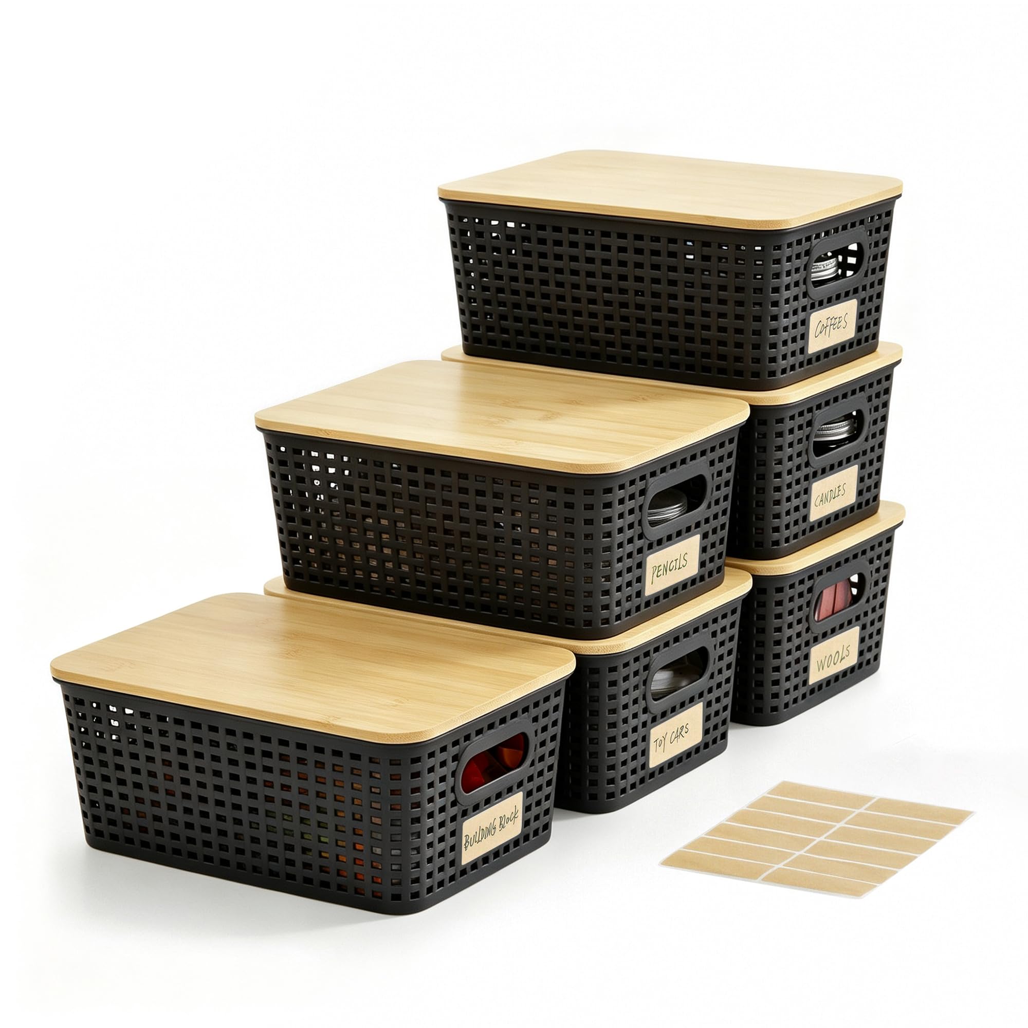 Bagnizer Small Plastic Storage Bins with Bamboo Lids, 5.2qt, 6 Packs — image 1