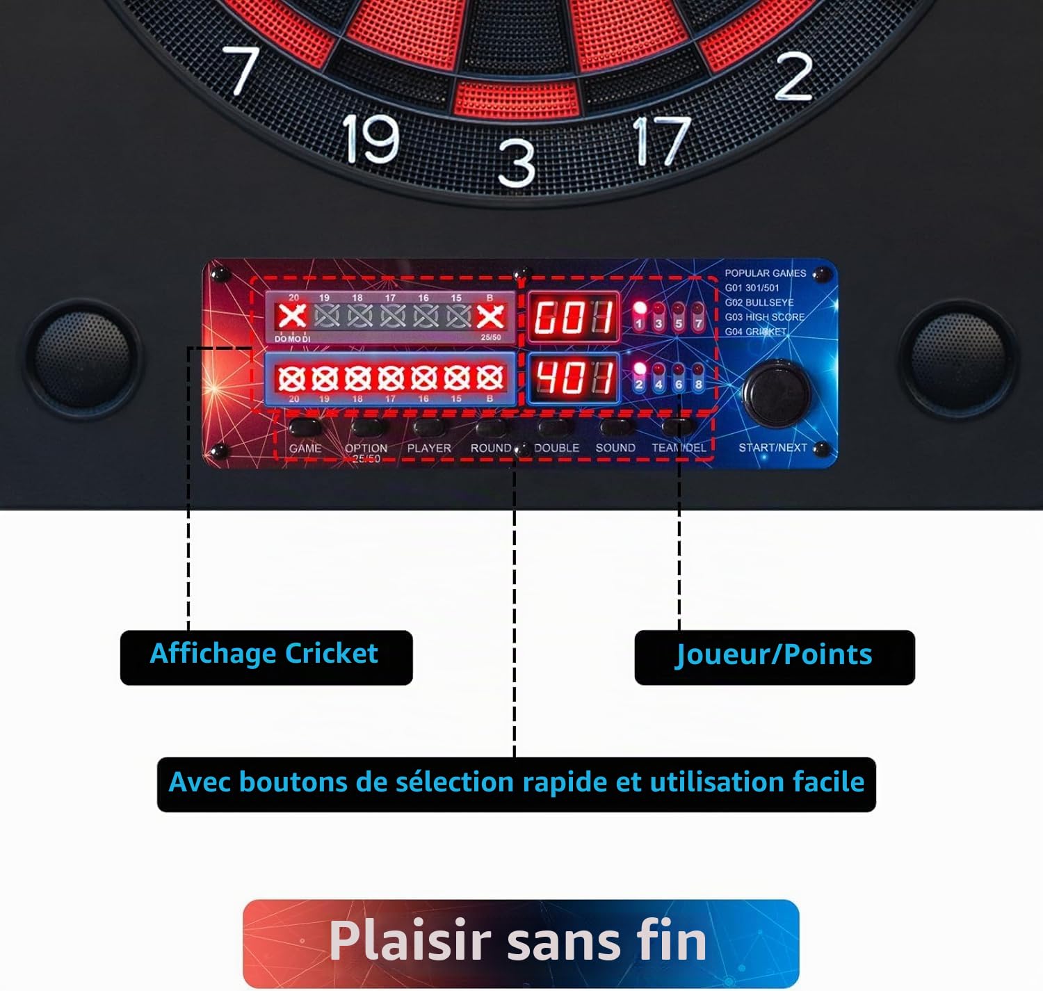 Jeu de flechette electronique avec 6 fléchettes et 100 Pointes de Rechange, Cible flechette electronique avec Voix et écran LCD, Jeux de flechette electronique avec 25 Jeux et 290 Variations
