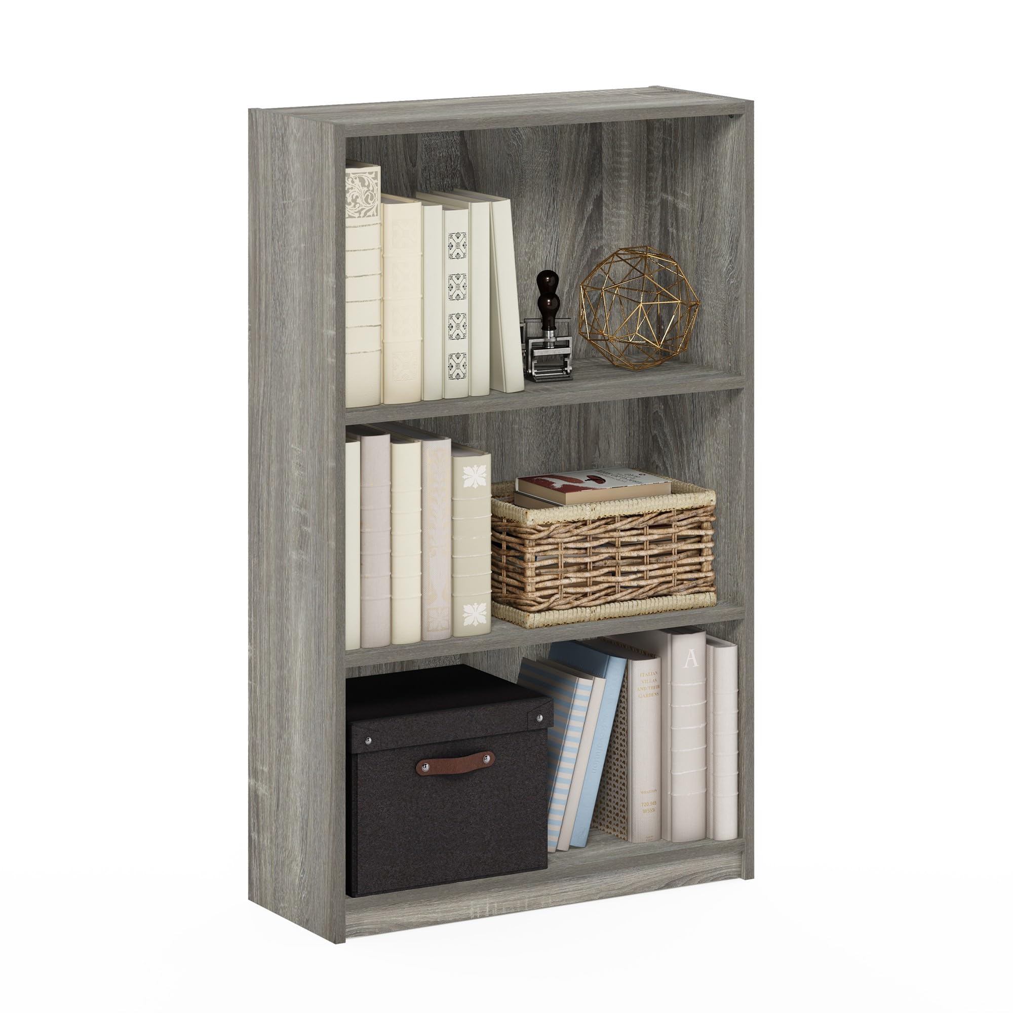 Furinno Jaya Book Shelf, 3-Tier Bookshelf, Standing Bookcase with Adjustable Shelves, 9.5 x 24.5 x 40.3, for Organization and Storage, for Living Room, Bedroom, Home Office, Grey Oak