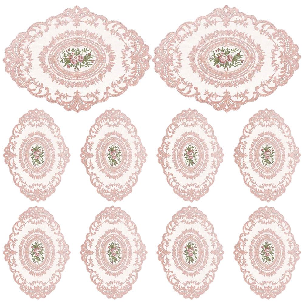 Photo 1 of 10Pcs Lace Doilies for Table Floral Embroidered Lace Placemats Handmade Crochet Doilies 11'' x 16.5'' Exquisite Retro Victorian Table Mat for Wedding Cup Vase Table Decor (Pink)