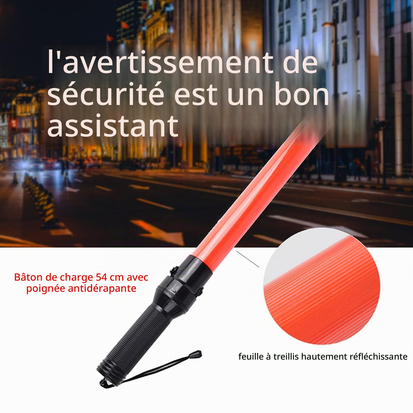 Baguette de signalisation de 54 cm - Bâton de signalisation de sécurité LED étanche rechargeable avec mode clignotant de lumière rouge, lanière de dragonne, finition orange, pour urgence de camping