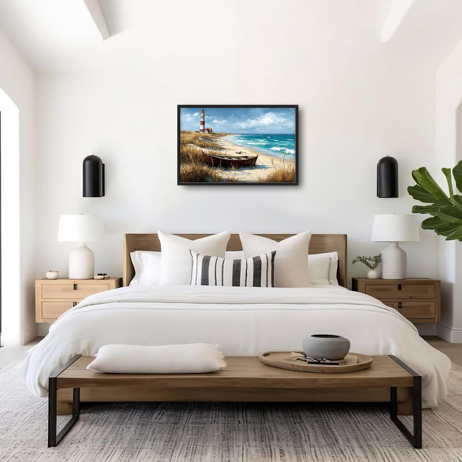 Glocmna Large Ocean Lighthouse Wall Art for Living Room Beach Coastal Scenery Wall Decor summer nautical Seascape Canvas Pictures Painting Print Framed Artwork Decorations for Bedroom Home Gifts 24"x36"