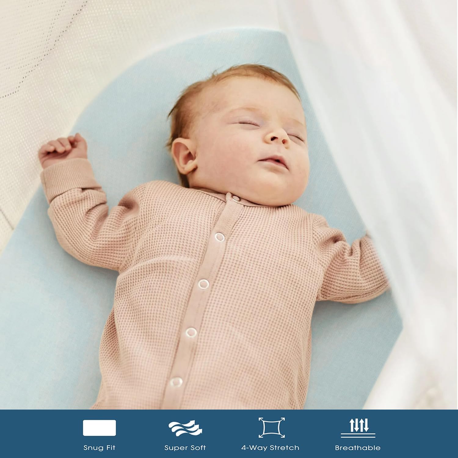 GRSSDER Stretchy Ultra Soft Fitted Bassinet Sheet 2 Pack, Universal Fit for Bassinets Baby Cradle Moses Basket Oval Rectangle Mattress Safe and Snug, Jersey Bassinet Sheets for Girls, Blue/Navy - Image 3