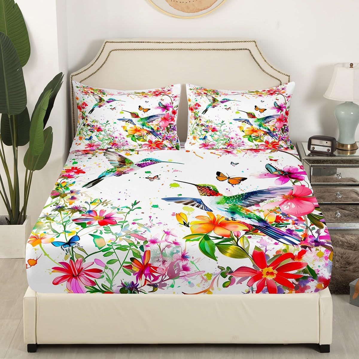 Feelyou Hummingbird Sheet Set King Size Kids Floral Butterfly Sheets with Deep Pocket Fitted Sheet for Boys Girls Teens Garden Flower Tropical Birds Bed Sheets Set Romantic Bedding Set