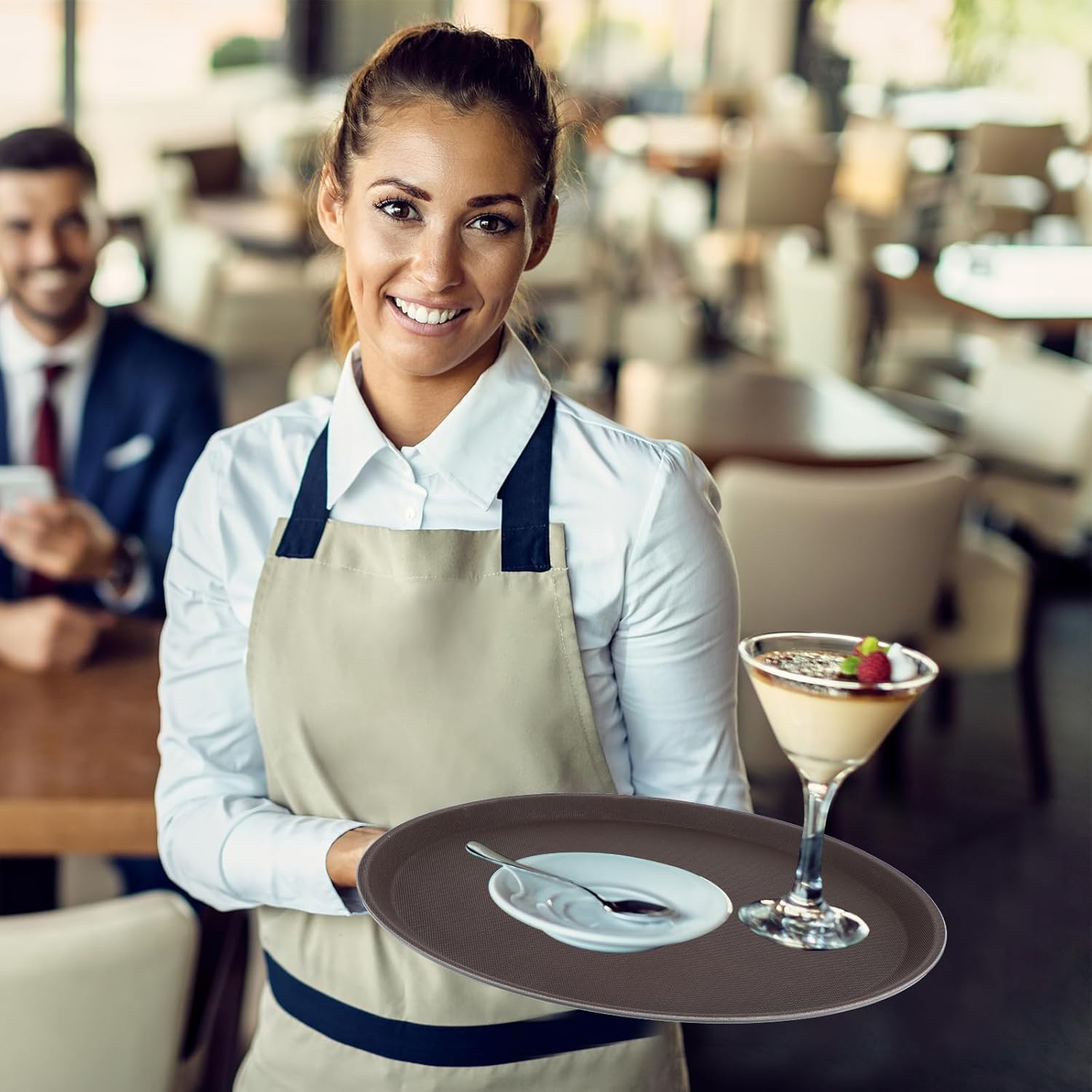 5 Pieces Restaurant Serving Tray, Non Slip Surface Round Tray Plastic Food Meals Server with Raised Edges for Home, Kitchen, Restaurant, Cafeteria, Bar, Hotel - Image 7