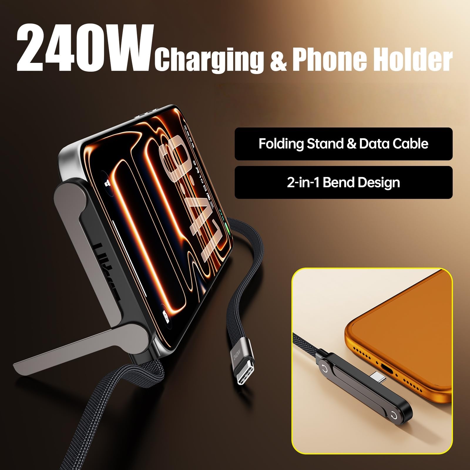 Soporte de carga plegable compatible con Ray Ban Meta/Display estuche de carga y teléfono, 240 W rápido USB C a USB C cable de carga multifuncional para caja de gafas inteligentes