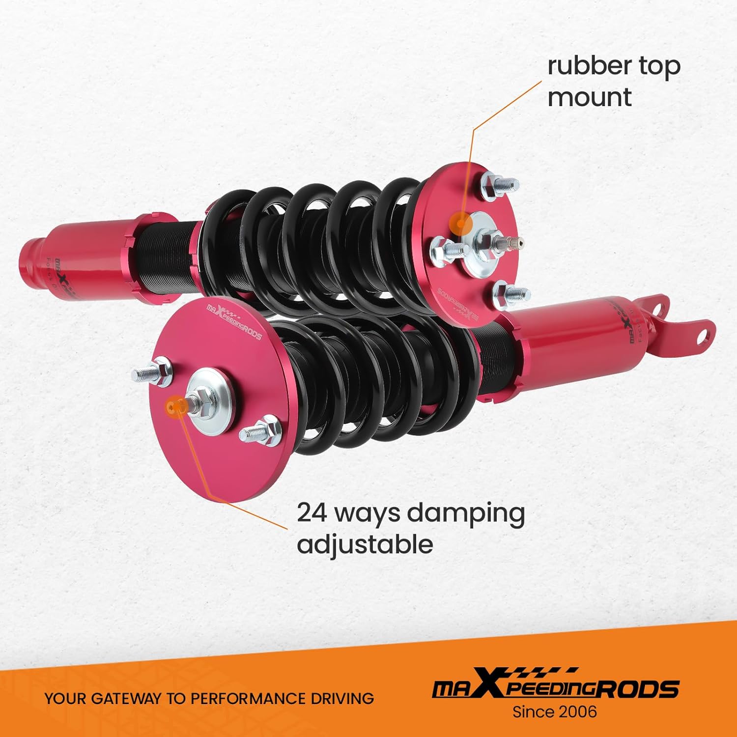 Two coilovers side-by-side, with arrows pointing to the damping adjustment knob, indicating '24 ways damping adjustable'.