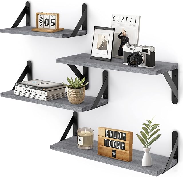 YGEOMER Floating Shelves, Set of 4, Gray Wood Wall Mounted Shelf for Living Room, Bathroom, Bedroom and Plants