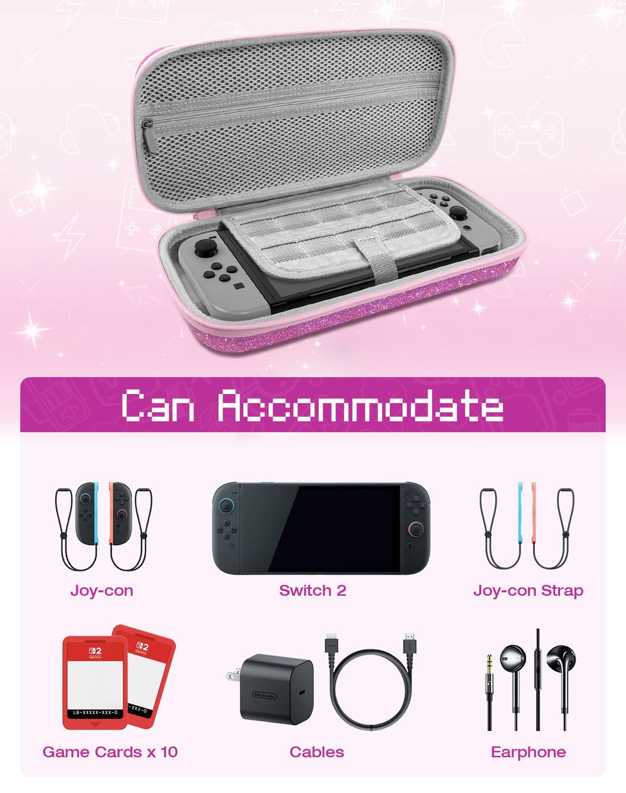 Etui do przenoszenia Nintendo Switch 2 – błyszczący fioletowy uroczy wzór kawaii z uchwytem i paskiem do Switch 2 2025 etui podróżne przenośne przechowywanie ochronna twarda obudowa dla