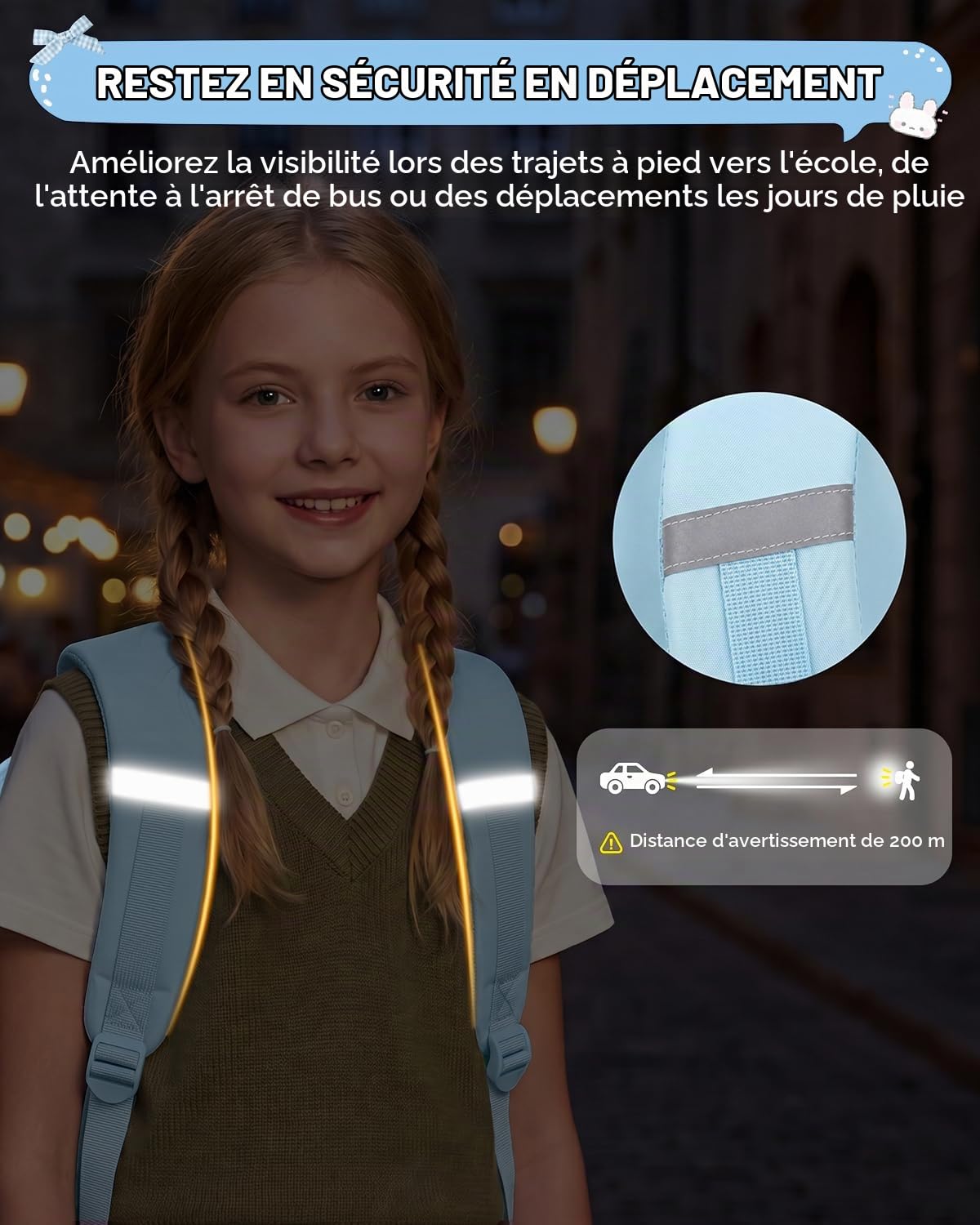 Tanou Cartable Fille Primaire, Sac à Dos pour Enfants du CP au CM2 | Nylon Imperméable, Sac d'école Primaire Kawaii avec Nœud pour Filles de 7 à 14 ans, Bleu