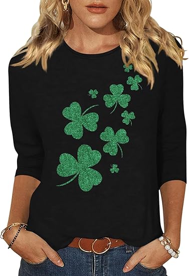 Woffccrd Women's 3/4 Sleeve St. Patrick s Day T-Shirt Crew Neck Spring Graphic Tee