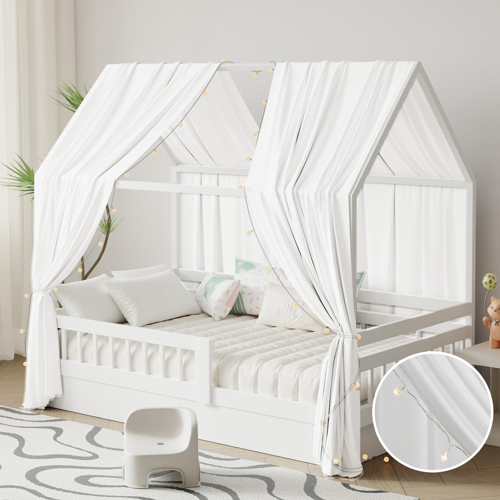 Pacok Hausbett Himmel mit Lichterkette 2 Stück Deko Baldachin Hausbett Vorhang,Betthimmel Musselin Stoffhimmel Hausbett für Mädchen Jungen Kinderbett,67 x 270 cm Weiß