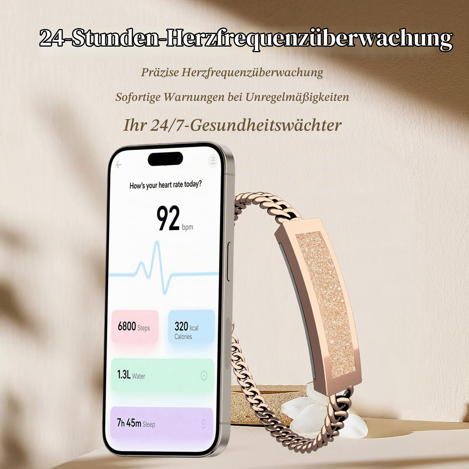 findtime Damen Smart Armkette Fitness Tracker Aktivitätstracker IP68 Wasserdicht Smartband Schmal Schrittzähler Schlaftracker Kalorienzähler Herzfrequenzmesser Dünn Kuba-Kette Design Gold