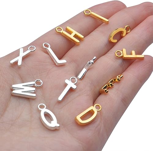 Miniatura 6 de Dijes de letras a granel, 104 piezas de la A a la Z, colgantes del alfabeto, dijes para collares, pulseras, joyas, manualidades, oro y plata, Plata