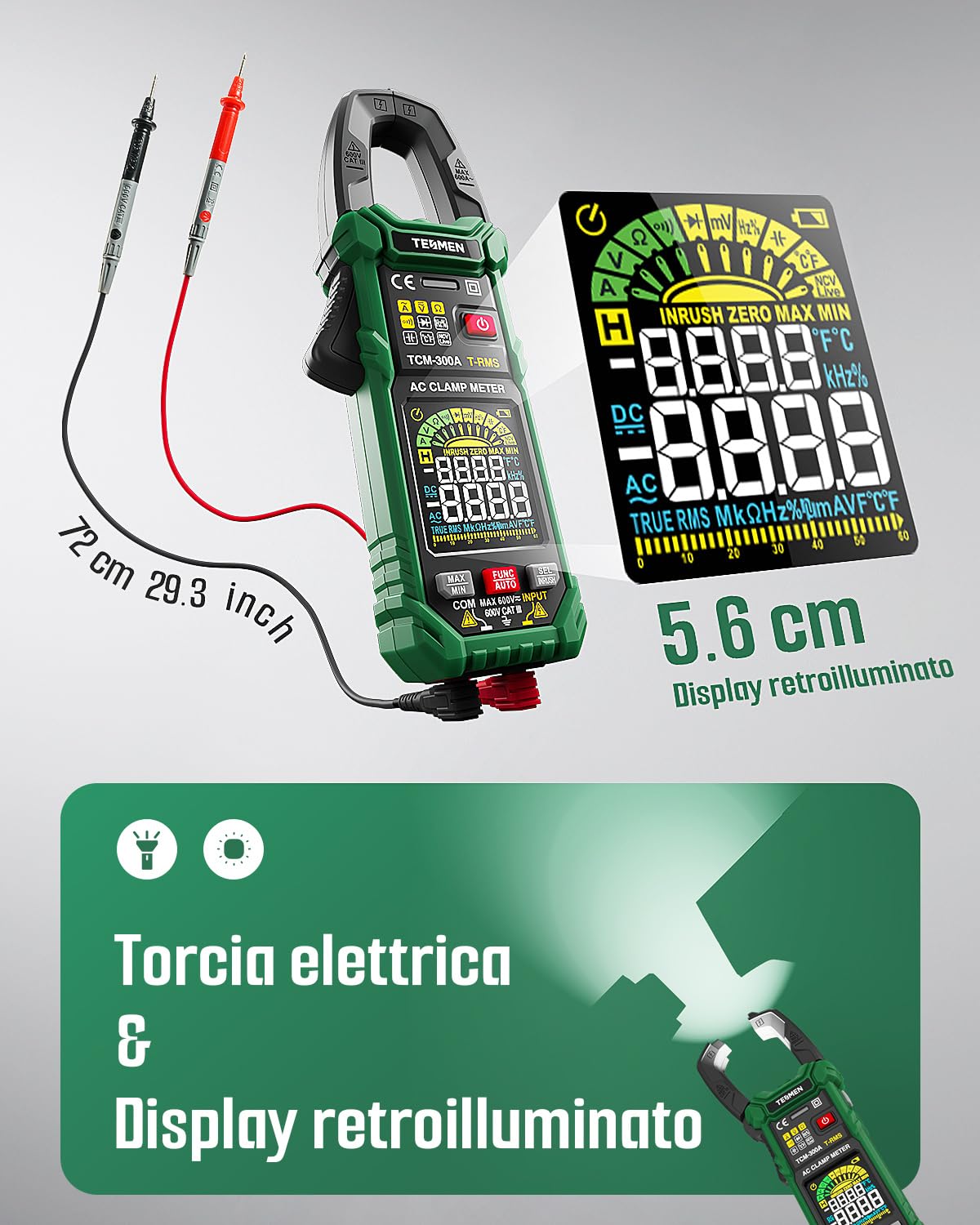 TESMEN TCM-300A Pinza Amperometrica con 6000 conteggi amperometro T-RMS multimetro a range automatico voltmetro con corrente AC tensione AC/DC NCV/filo attivo resistenza di inrush temperatura - Verde