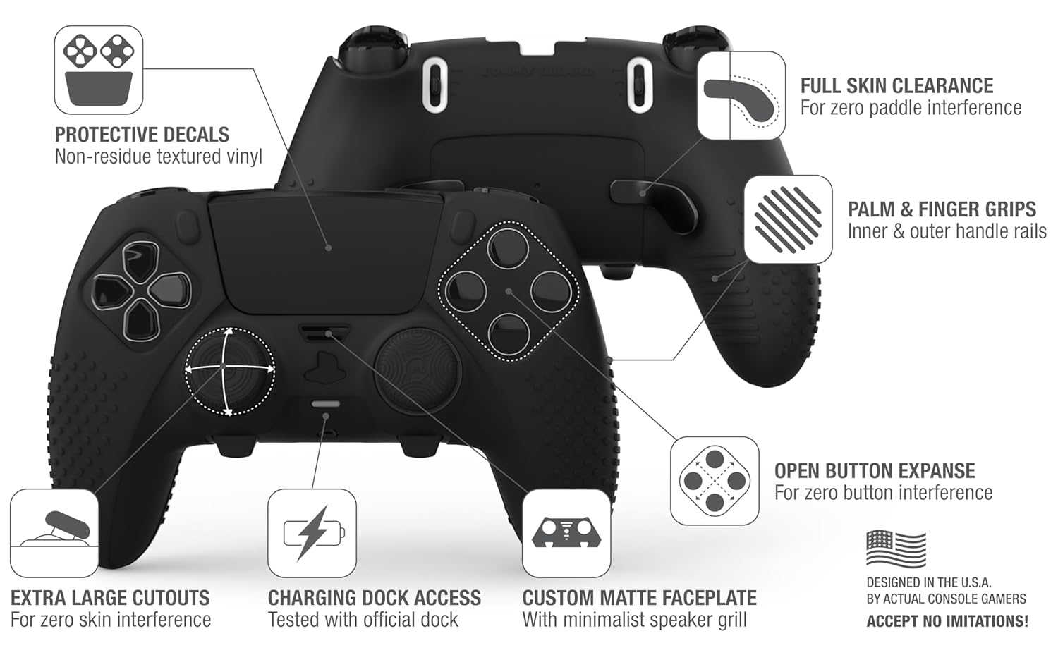 Foamy Lizard Eclipse PS5 Edge Controller Skin Combo Set | Dock Compatible, Protector Decals, Anti-Slip Soft Gel Silicone Cover, Faceplate Shell & Thumb Grips for PlayStation 5 DualSense Edge (Black) - Image 4