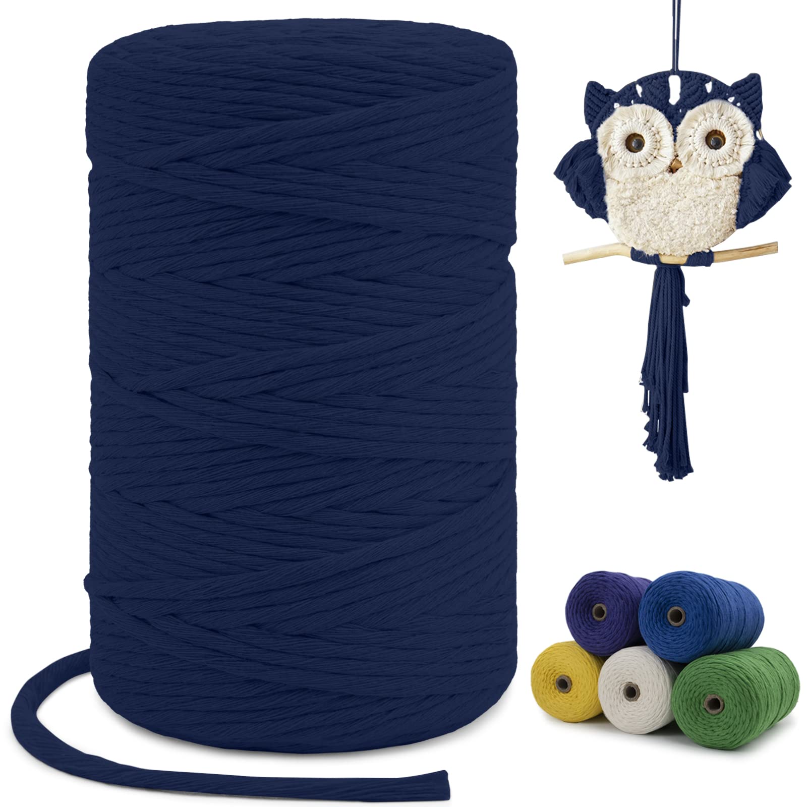 LEREATI Macrame Cord 3mm x200m, Thick Cotton Macrame Rope Yarn, Natural Craft Rope for Plant Hanger, Wall Hanging, DIY Crafts, Decorations (Dark Blue)