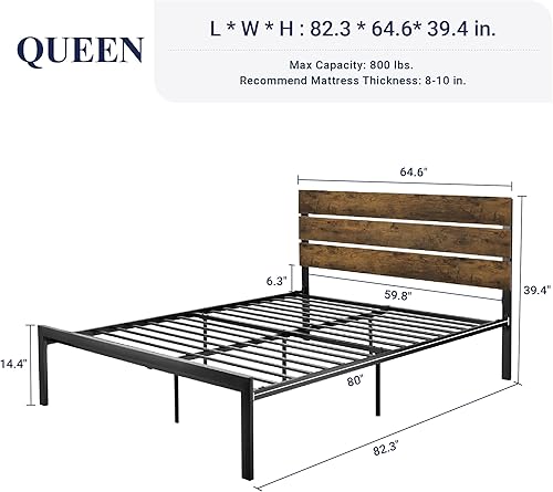 Miniatura 2 de Allewie - Base de cama con cabecera de madera, marco y tiras metálicas, diseño rústico de estilo campestre, estructura de metal fuerte, fácil de