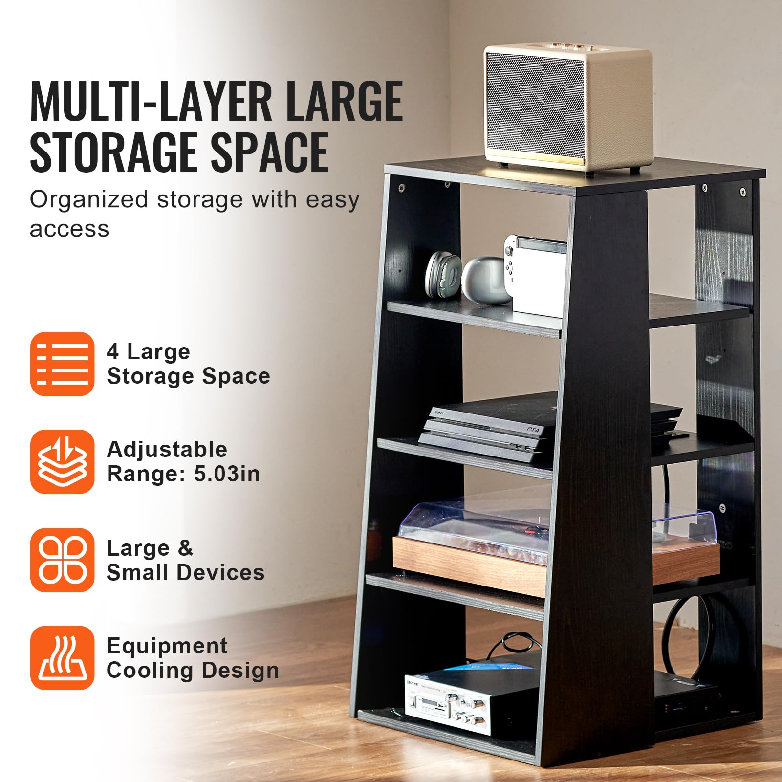 VEVOR Meuble Audio Visuel 5 Niveaux, Étagère Multimédia en Bois, Support Multimédia avec Hauteur Réglable, pour Lecteurs DVD/Décodeurs de Câbles/Consoles de Jeux, Salle d'Enregistrement, Noir