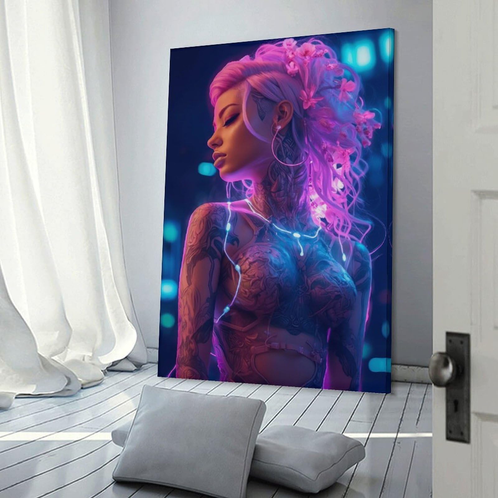 Junmoney Girls Frame-Style-18 Pink Floral Cyberpunk Canvas Wall Decor, 24X36inch(60X90cm), For Bedroom, Guest Room Or Reading Nook, Canvas Wall Decor For Personal Spaces
