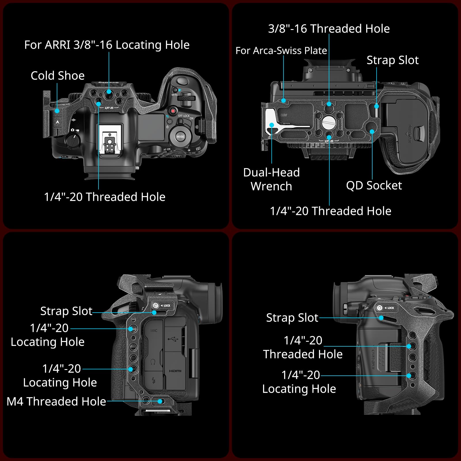 SMALLRIG R5 II Cage per Canon EOS R5 Mark II, "Black Mamba" Gabbia per Fotocamera in Lega di Alluminio, Anti-Torsione, Piastra a Sgancio Rapido Integrata per Arca-Type, Cold Shoe - 4975