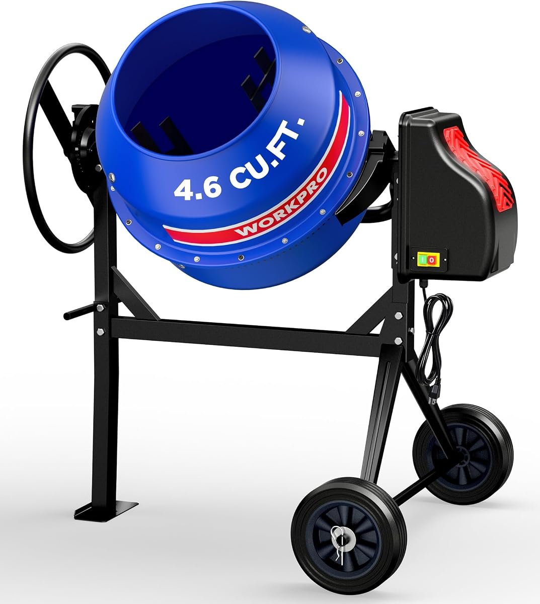 WORKPRO 4.6 Cu.Ft. Electric Cement Mixer, 600W Portable Concrete Mixer | Heavy Duty 0.8HP Mixer with Wheels & Steel Stand, for Stucco, Mortar & Seeds