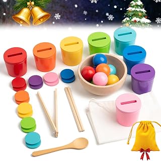 2026 New Rainbow Balls in Cups, Wooden Color Sorting Ball Toy, Classification Cup Game with Spoon and Tongs,Matching Montessori Game,Ball and Cup Toy for Learning Color Sorting and Matchin (8 Balls)