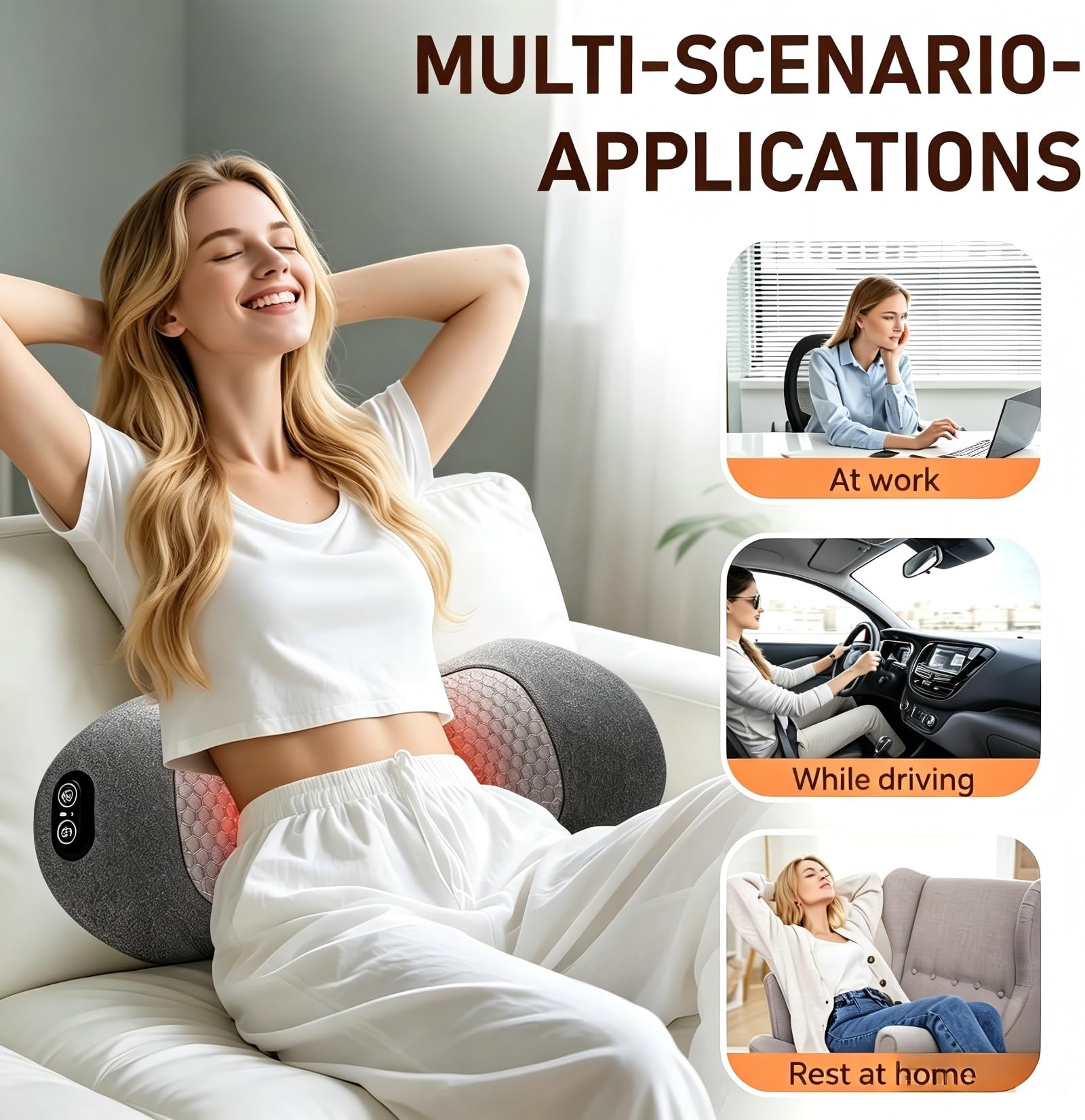 3-in-1 Ergonomisches Rückenmassagegerät, Wärme, Vibration,Zug,back massager | Dieses Massagegerät rücken mit Zugfunktion, Vibration & Wärmefunktion, Vielseitiges Massagekissen für Zuhause, Büro und Auto