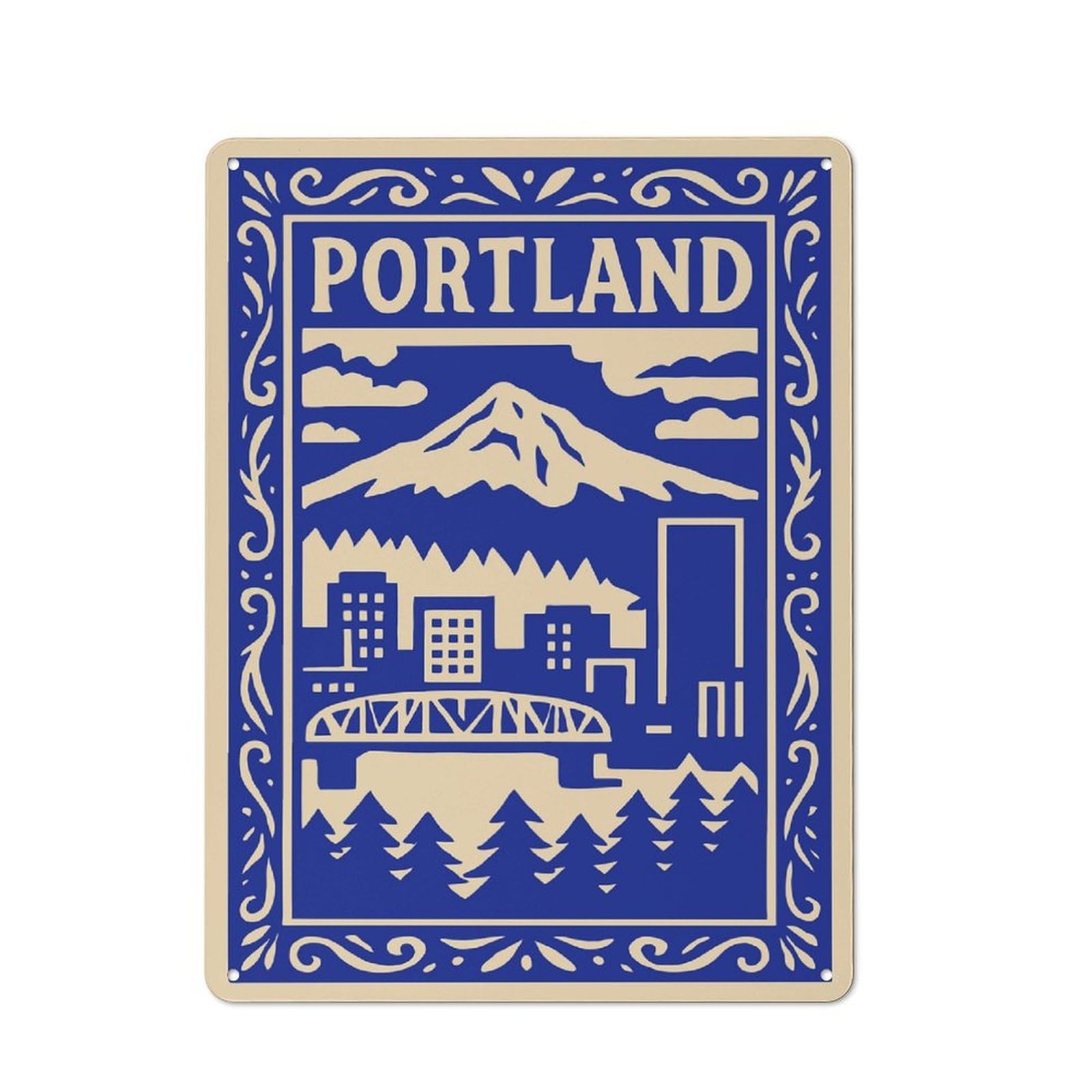 Junmoney Style Metal Wall Plaque With Portland Cityscape With Mountain Design 40X30cm, Simple Retro Studio Wall Plaque For Hobby Room, Office, Lounge Or Living Room