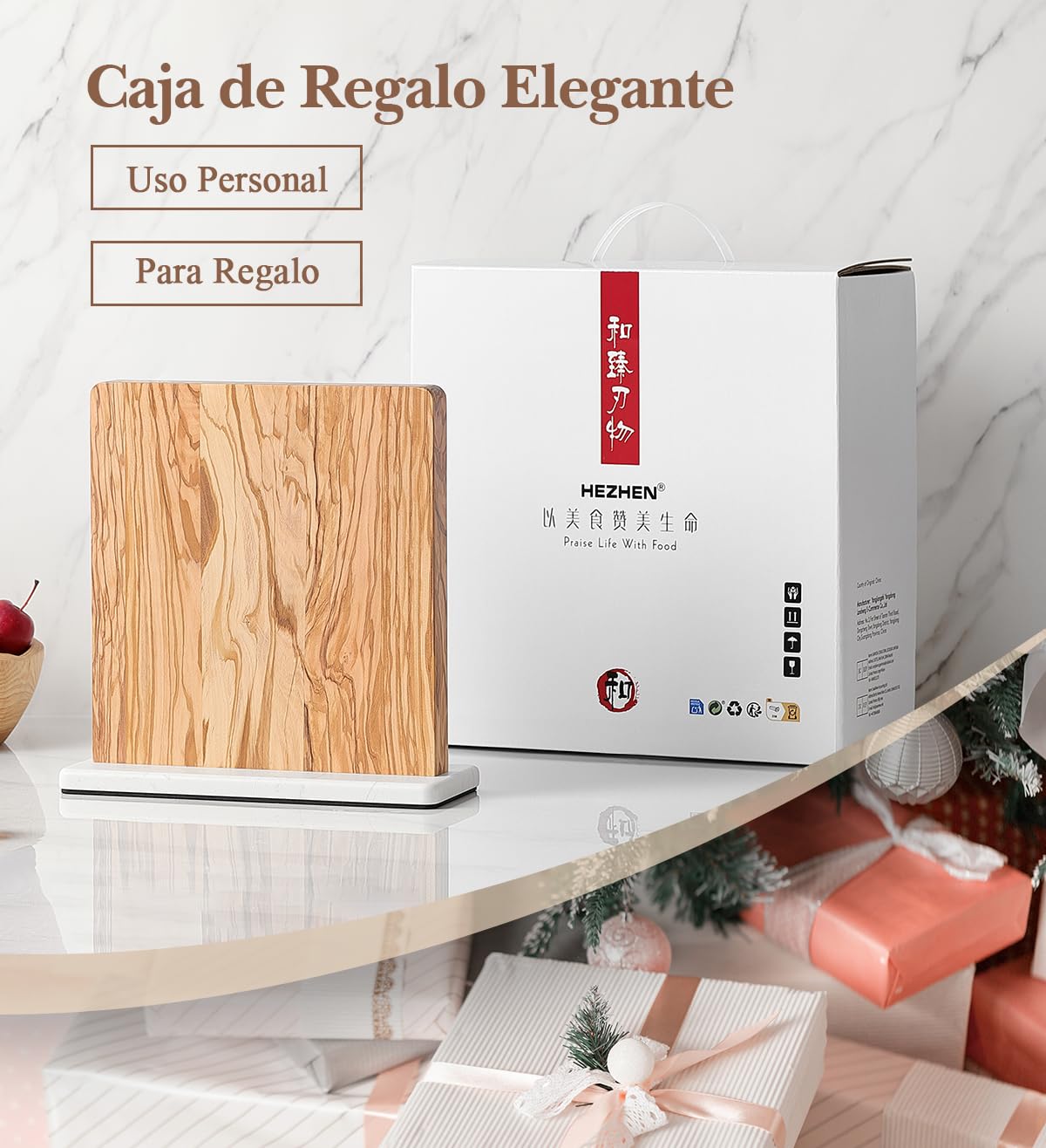HEZHEN Soporte para Cuchillos Magnético Doble Cara, Bloque de Cuchillos de Madera de Olivo, Portacuchillos Organizador con Base Antideslizante de Mármol