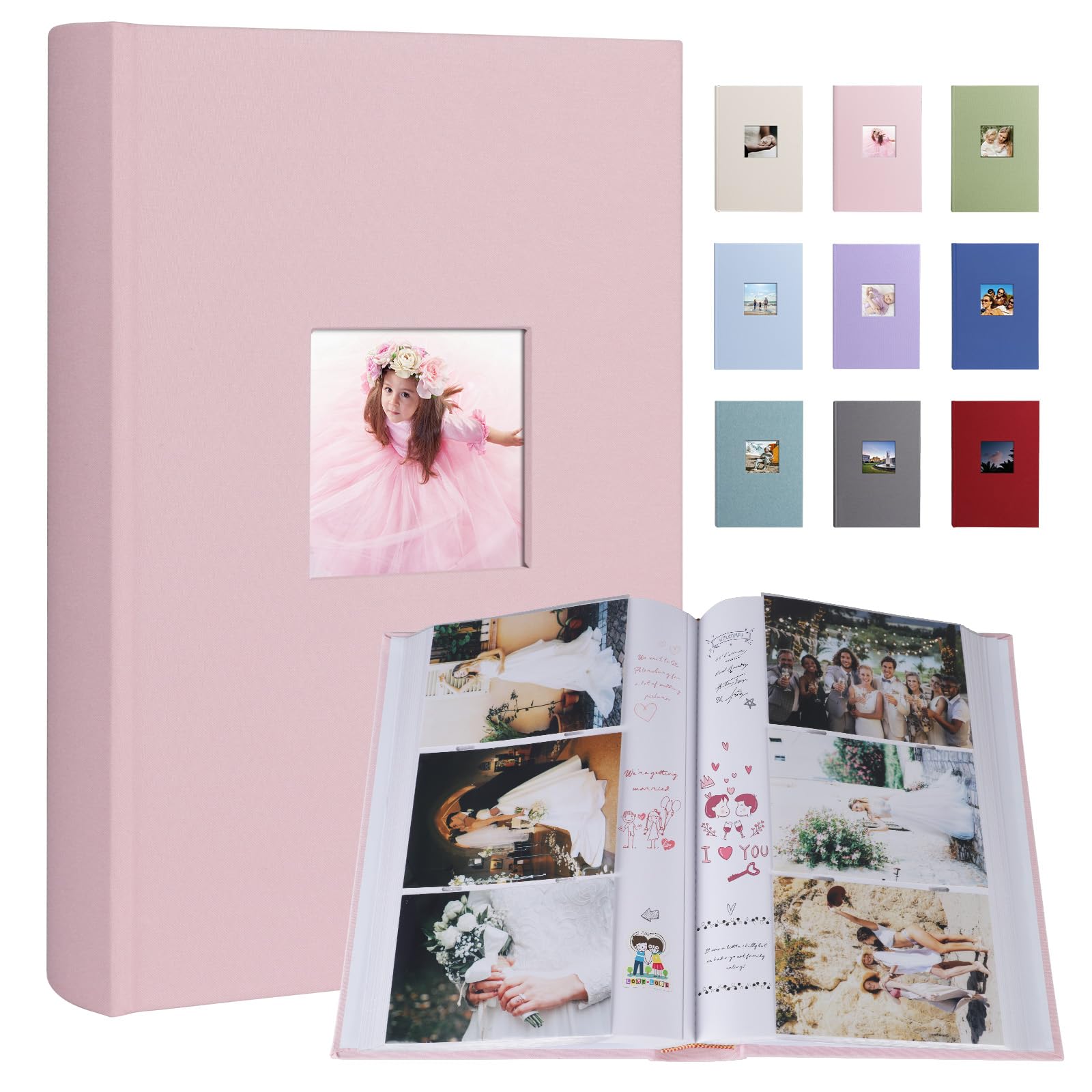 Photo 1 of 1DOT2 Photo Album 4x6 420 Photos With Writing Space, Linen Cover With Memo Slip-in Pockets, Pictures Album Book for Wedding Kids Travel Family Baby (Pink)