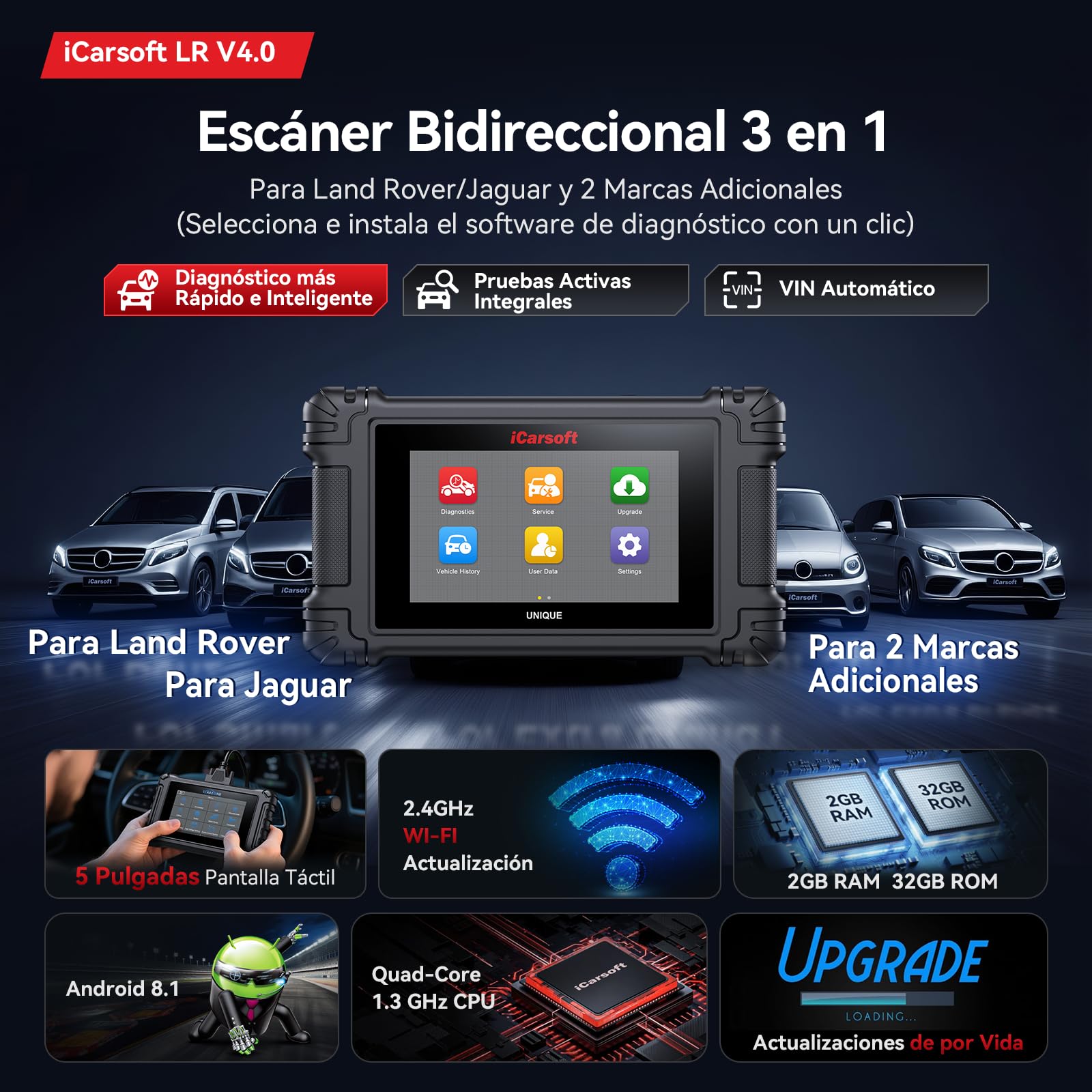 iCarsoft LR V4.0 Máquina Diagnosis Coche para Land Rover/Jaguar+ 2 Marcas Opcionales, Escáner OBD2 Bidireccional de Todo el Sistema, 37+ Funciones Reinicio, Vin Automático, Actualización WiFi por Vida