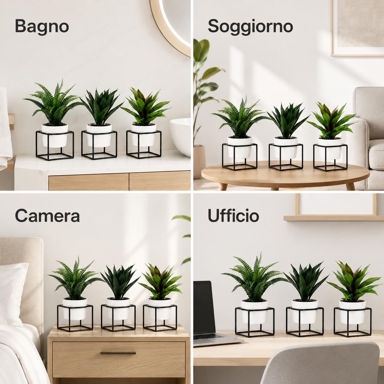 Generico Plantas artificiales decorativas con maceta blanca y base negra, 3 unidades Ø9,5 x H22,5 cm | Plantas artificiales de interior para casa, oficina, estantería, baño, salón y dormitorio