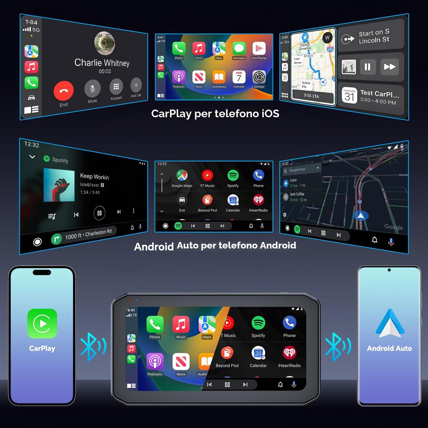 CarPlay Moto Android Auto con Telecamera, 2K Dash Cam Moto Anteriore e Posteriore, Schermo Tattile da 6,25" con GPS, TPMS, Navigatore, Telecomando, Scheda TF da 64 GB