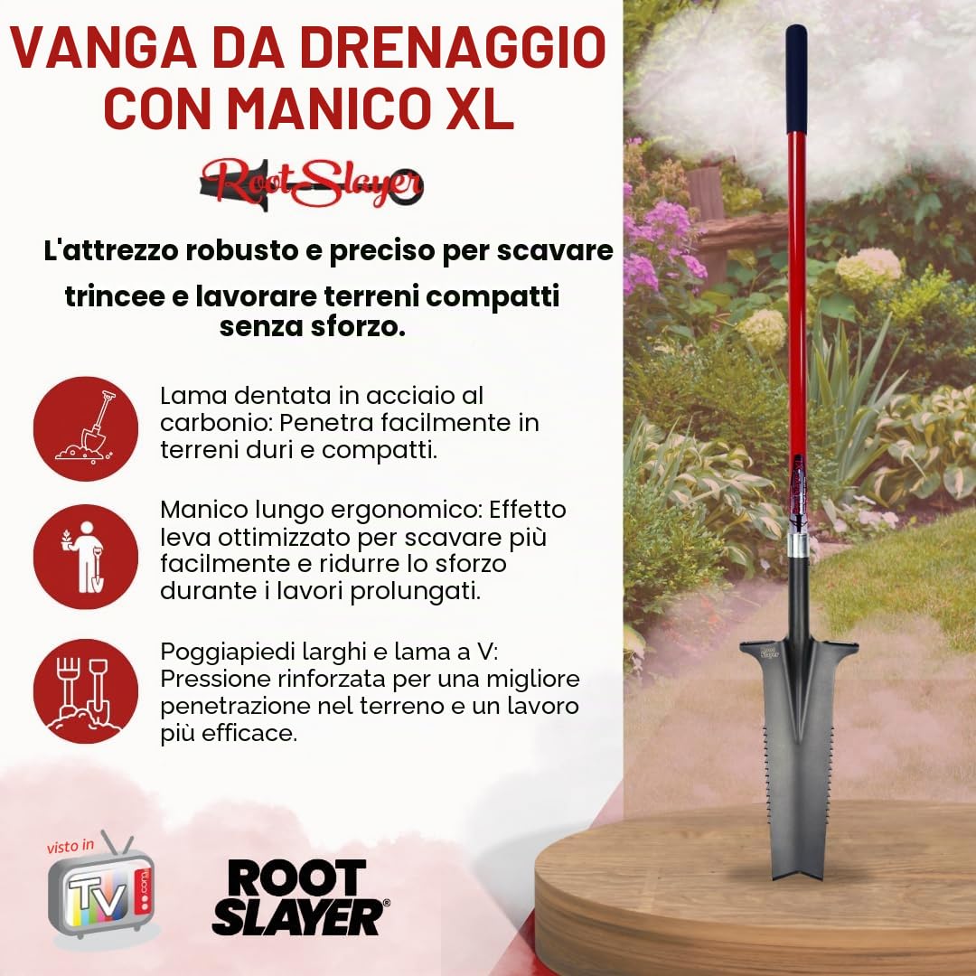 Vanga da drenaggio a manico XL – ROOTSLAYER – Venteo – Lama a V rovesciata – Denti ultra affilati in acciaio al carbonio