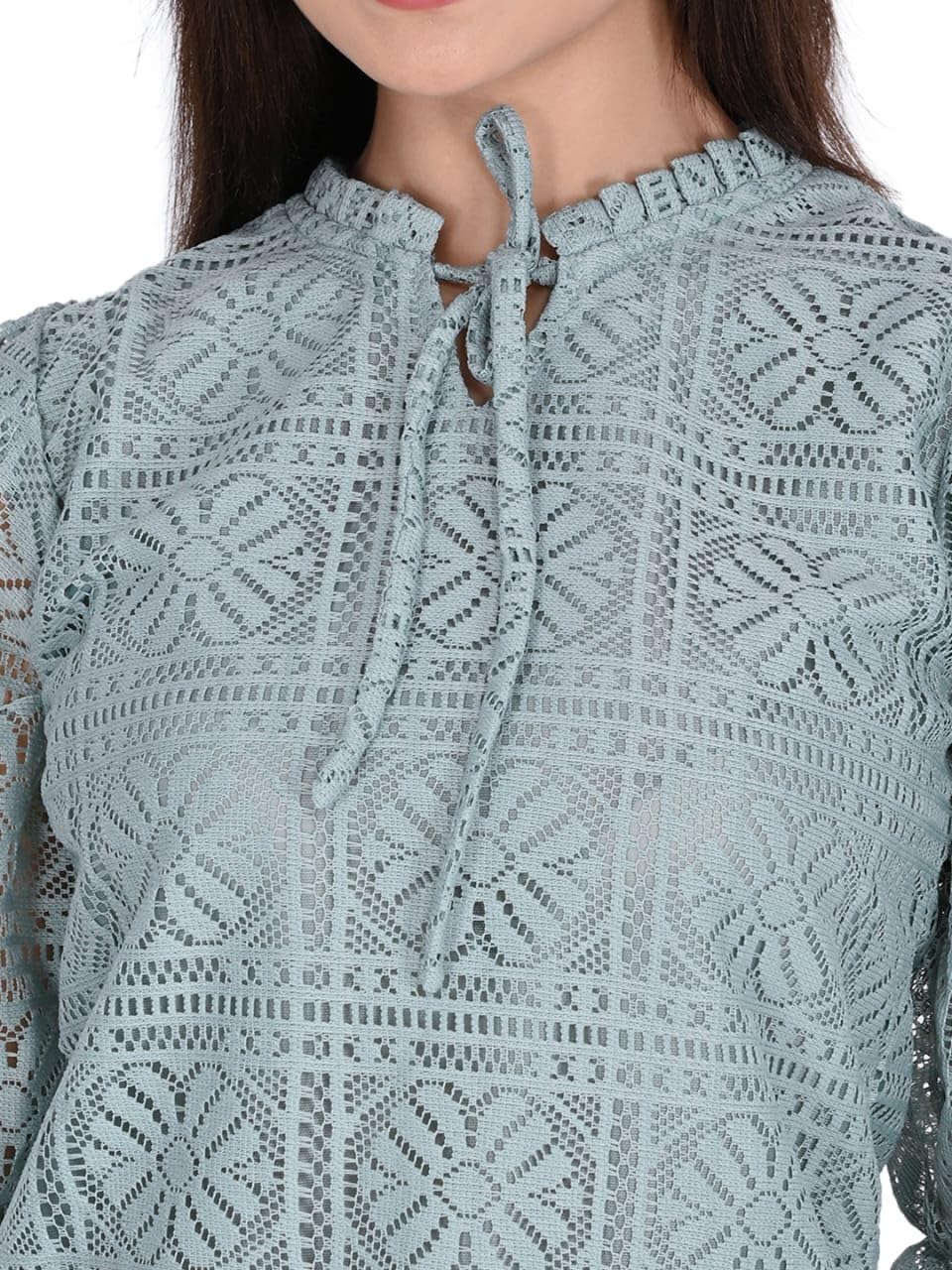 ORIEX THE ORIGINAL FASHION ORX-Girls tie up Neck Long Bishop Sleeves Knitted net top-141 (in, Age, 13 Years, 14 Years, Regular, Green) - Image 5 thumbnail