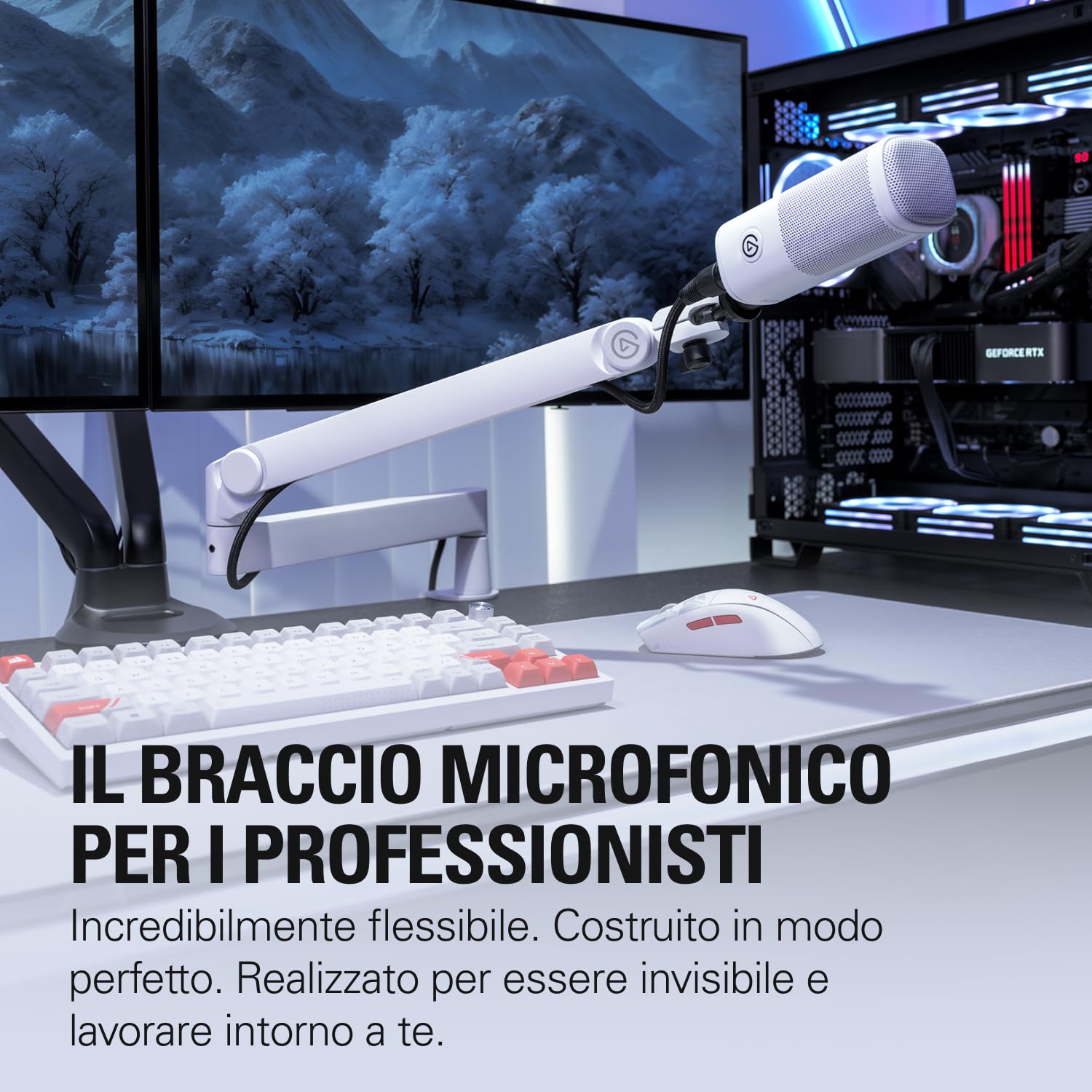 Elgato Wave Mic Arm Pro White - Braccio per Microfono a Profilo Basso Girevole a 360° con Molla a Gas, Compatibile con Microfoni Elgato/Shure SM7B/Rode/Blue Yeti & altri – Per Trasmissione/Podcast